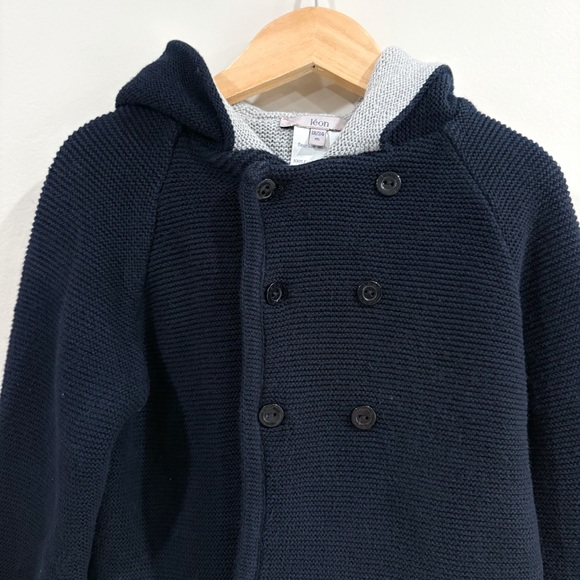 Léon Kids Merino Wool Hooded Double-Breasted Jacket 18-24M Navy Cozy Knit Luxury - Picture 3 of 7